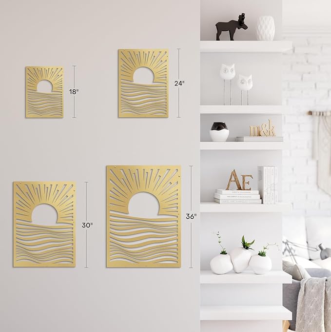 SIGNLEADER Metal Wall Art Decor Moons in Landscape Minimalist Modern Abstract Wall Sculpture Hangings Home Decoration for Living Room, Bedroom, Bathroom, Kitchen, Outdoor - 36" Gold