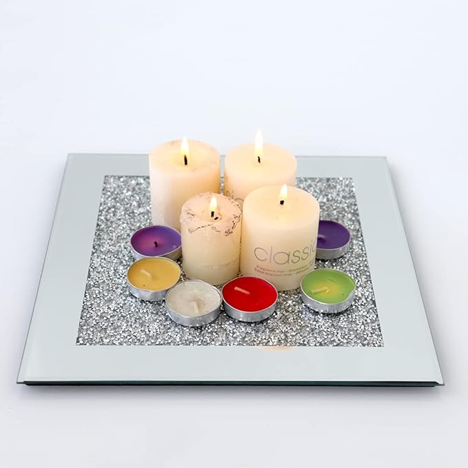 GIMORRTO Glass Mirrored Coaster 2 PC, Crushed Diamond Square Cup Mat 10" Decor on Tabletop for Bar Tools Dining Table