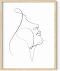 Minimalist Woman Profile Wall Art Upward Gaze Continuous Line Drawing Feminine Face 11x14 Inch Oak Wood Beige Framed Modern Aesthetic Print for Living Room