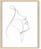 Minimalist Woman Profile Wall Art Upward Gaze Continuous Line Drawing Feminine Face 11x14 Inch Oak Wood Beige Framed Modern Aesthetic Print for Living Room