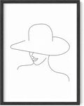 Y2K BOO Elegant Woman in Hat UNFRAMED Wall Art Minimalist Feminine Profile Continuous Line Drawing 12x16 Inch Heavyweight Paper chic Studio Decor