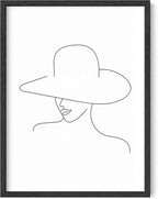 Elegant Woman in Hat Wall Art Minimalist Feminine Profile Continuous Line Drawing 12x16 Inch Oak Wood Black Framed Chic Fashion Print for Vanity Bedroom