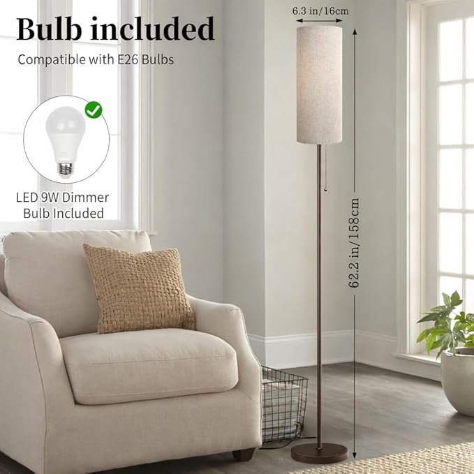 Floor Lamp for Living Room, Modern Standing Lamps with Lampshade, Minimalist Tall Lamp with Chain Switch for Living Room, LED Bulb Included (Beige+Brown)