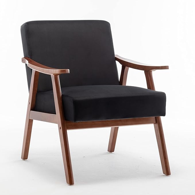 Accent Chair with Microfiber Upholstery and Solid Wood Frame, Classic Mid-Century Modern Living Room Furniture for Extra Seating, Black
