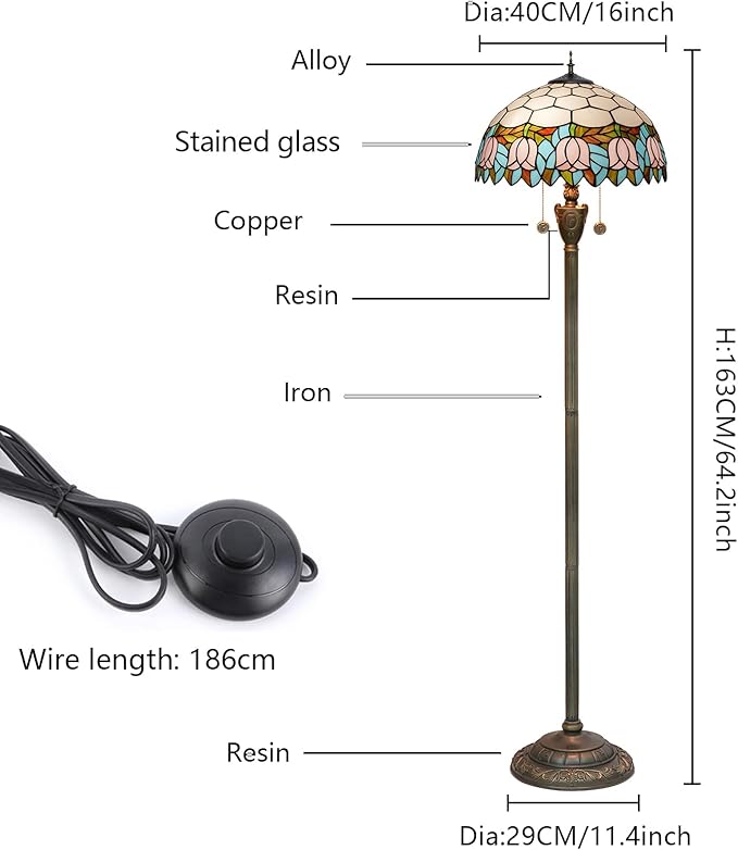 Tiffany Floor Lamp Pink Tulip Style Stained Glass Lamp Bright Lighting Rustic Standing Floor Lamp 16X16X64 Inches Vintage Unique Bronze Reading Corner Lamp for Home Decor Living Room Bedroom