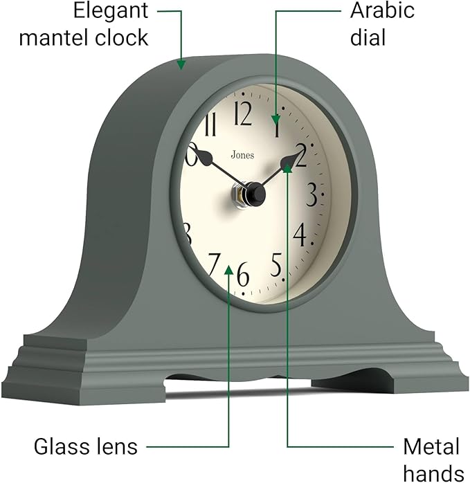 JONES CLOCKS® Speakeasy Mantel Clock | Classic Napoleon’s hat Design | Green | Contemporary Classic Style for Desk, Table, Shelf or Bedside