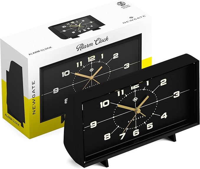 NEWGATE® Wideboy Alarm Clock | Rectangular Retro Design | Black | Mid Century dial | Ideal for Bedside, Desk, Mantel or Shelf | Retro Bedroom & Office Accessory