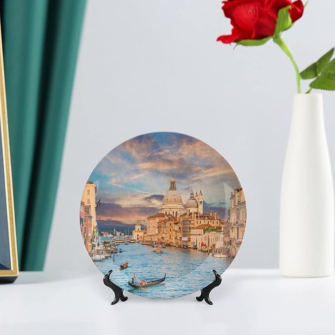 XISUNYA 7 Inch Decorative Plate, Venice Porcelain Plate, Gondola on Famous Canal Grande Print Ceramic Display Plate for Decorative Ornaments Giving Plates, 1 Plate with 1 Display Stand, Blue Cream