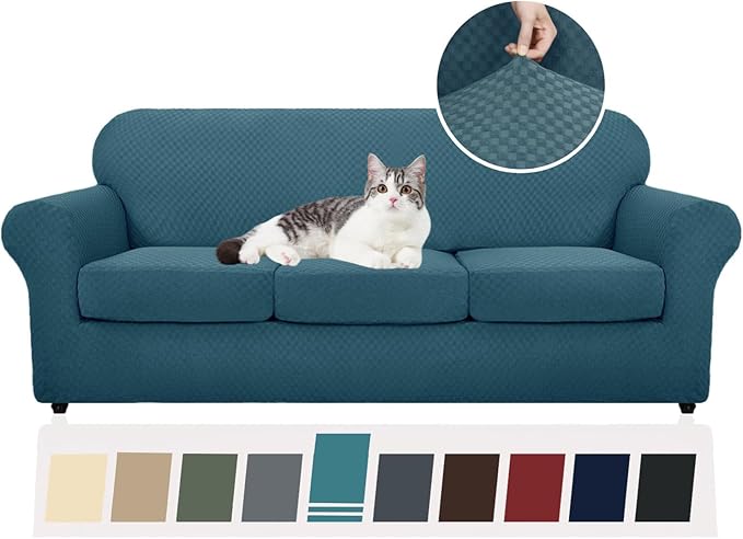 YEMYHOM Latest Checkered 4 Pieces Couch Covers for 3 Cushion Couch High Stretch Thickened Sofa Cover for Dogs Pets Elastic Slipcovers Living Room Furniture Protector (Teal), 71"-91"(3 Cushions)