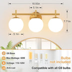 3-Light Bathroom Light Fixtures, Brushed Gold Vanity Lights for Bathroom with Milky White Glass Ball Shade, 18.9 inch Bathroom Lighting Fixtures Over Mirror, Wall Sconce for Bedroom(Bulb Not Included)