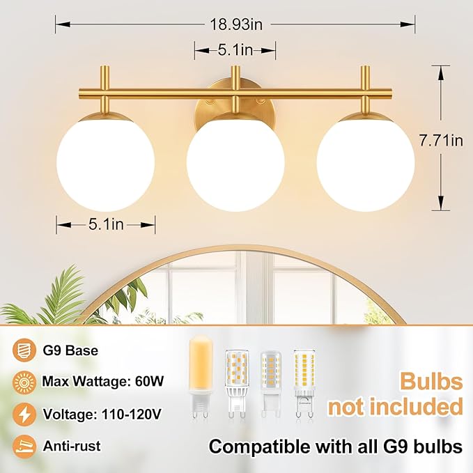 3-Light Bathroom Light Fixtures, Brushed Gold Vanity Lights for Bathroom with Milky White Glass Ball Shade, 18.9 inch Bathroom Lighting Fixtures Over Mirror, Wall Sconce for Bedroom(Bulb Not Included)