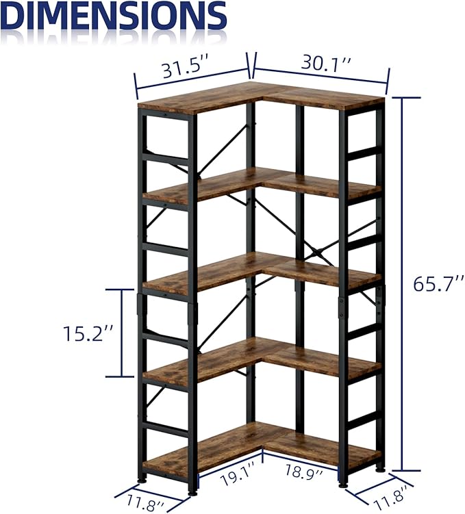 NUMENN 5 Tier Corner Bookshelf, Modern Corner Bookcase, Large Open Shelf Bookcase, Tall Bookshelves Storage Display Rack for Bedroom, Living Room and Home Office, Vintage