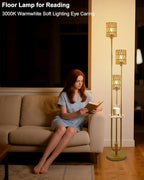 Lightdot Dimmable Boho Floor Lamps with Table, 3-Lights Rattan Floor Lamp 3000K Warmwhite Farmhouse Floor Lamp, Rustic Gold Standing Lamp for Living Room/Sofa Beside/Corner Decor(Bulbs Included
