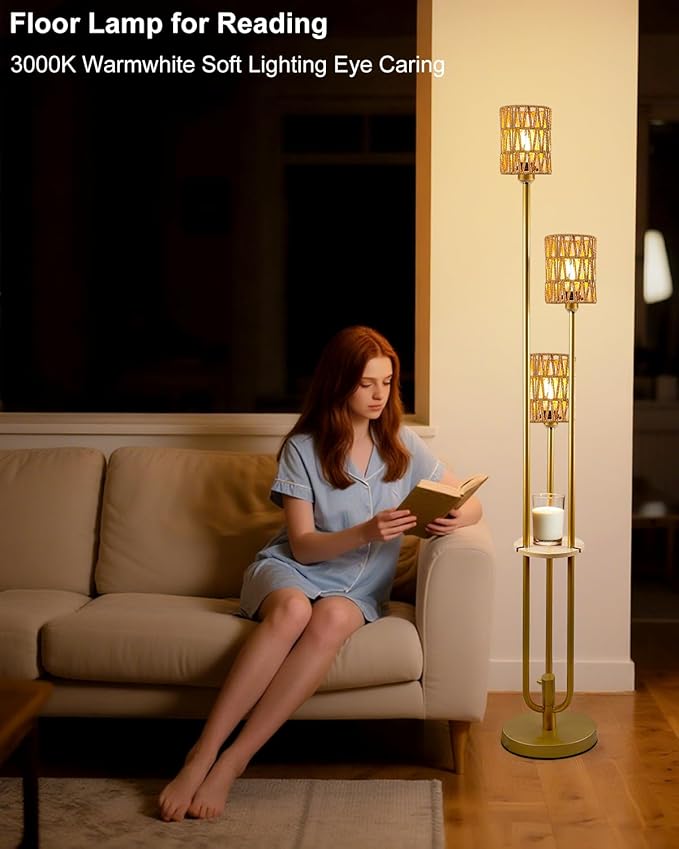 Lightdot Dimmable Boho Floor Lamps with Table, 3-Lights Rattan Floor Lamp 3000K Warmwhite Farmhouse Floor Lamp, Rustic Gold Standing Lamp for Living Room/Sofa Beside/Corner Decor(Bulbs Included