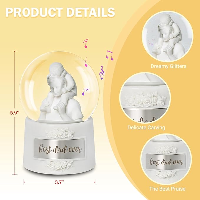 Fathers Day Snow Globe, 5.9" Wind Up Music Box，Christmas Snow Globe for Father's Day Decorations Christmas Decorations Gifts for Dad Father Men Adults Kids