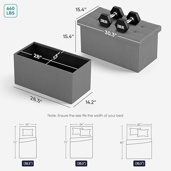FDW 30 Inches Folding Storage Ottoman Bench, End of Bed Foot Rest Stools Ottoman Storage Chest, Holds up to 660 lb, for Entryway, Living Room, Bedroom, Gray