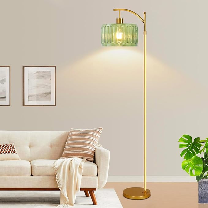 Glass Floor Lamp for Living Room,Bedroom,Gold Dimmable Standing Lamp with Remote,Mid Century Modern Brass Tall Lamp Boho Vintage Retro Floor Lamps Arc Green Flower Floor Light Lamp Bohemian