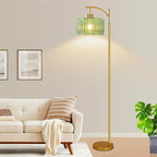 Glass Floor Lamp for Living Room,Bedroom,Gold Dimmable Standing Lamp with Remote,Mid Century Modern Brass Tall Lamp Boho Vintage Retro Floor Lamps Arc Green Flower Floor Light Lamp Bohemian