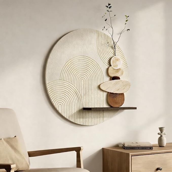 3D Textured Neutral Abstract Wall Art Decor With Shelf, Boho Beige and Brown Artwork for Walls With Green Accent, Modern Minimalist Wall Decor for Living Room, Hallway, Kitchen, Bedroom, Office, 24x24