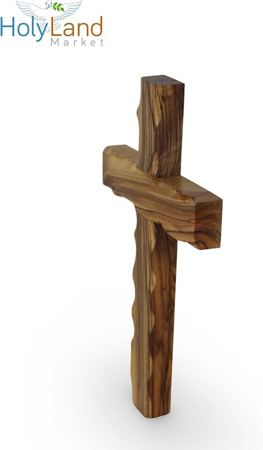 Holy Land Market Olive Wood Wall Cross - Hand Carved Wooden Crucifix with Certificate & Lord's Prayer Card, Authentic Bethlehem Christian Cross Wall Decor - 8 in