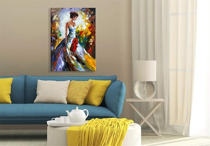 zoinart Hand Painted Modern 3D Oil Paintings on Canvas Wall Art 28x40 Inches Fiddler Girl Abstract Vertical Wall Art Large Framed Artwork for Home Decorations Wall Decor