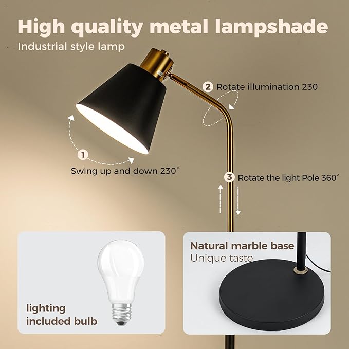 Black Gold Modern Reading Lamps Floor Standing, 12W Dimmable LED Vintage Floor Lamps for Bedroom, Adjustable Heights Antique Industrial Tall Floor Lamp, for Reading Lash Home Corner Living Room