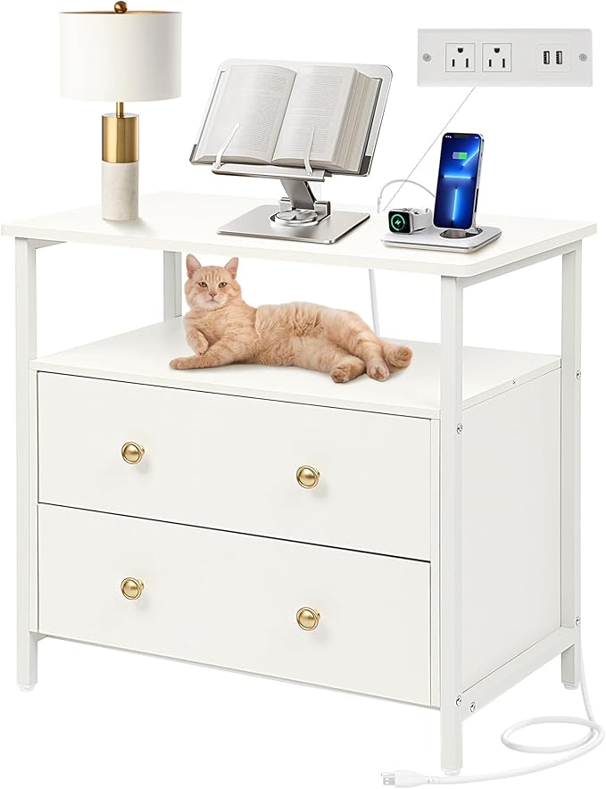 27 inch Wide Night Stand with Charging Station, Bedside Table with Open Shelf, 2 Drawers Small Wood Dresser, Modern Wood Nightstand for Bedroom/Living Room (White)