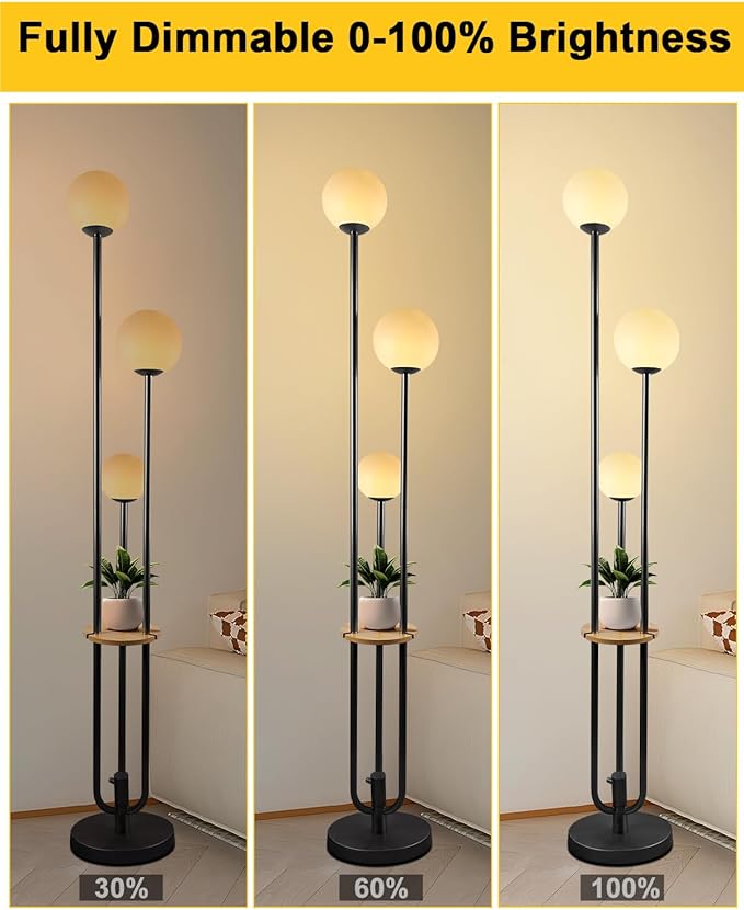 Lightdot Full Dimmable Floor Lamp for Living Room 3-Globe Standing Lamp with Table Candle Holder Style Black Tall Lamps for Bedroom/Sofa Beside/Corner Decor with 3000K Soft Warmwhite Bulbs Included