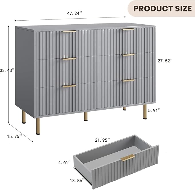 6 Drawer Dresser for Bedroom, Fluted 47.2 in Wide Modern Chest of Drawers with Deep Drawers, Long Large Double Dresser TV Stand, Wooden Dresser Organizer for Living Room, Hallway, Kids Room, Grey