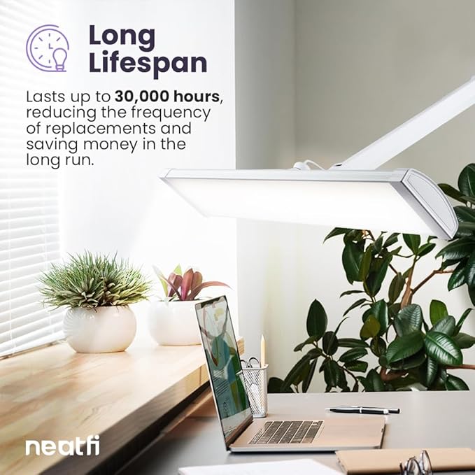 Neatfi Ultra Desk Lamp – 3,500 Lumens, 45W LED, 26-Inch Wide Shade, 5 Brightness Levels, Shadow-Free, Non-Flickering Light, Lamp for Reading, Crafting, Painting, Sewing (Non-CCT with Base, White)