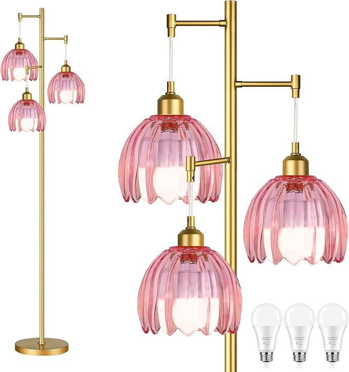 Gold Floor Lamp for Living Room Bedroom,3 Lights Vintage Tree Floor Lamps with Pink Glass Flower Shade,Mid Century Modern Floor Lamp for Corner Office,68IN Unique Tall Standing Lamp with Bulb
