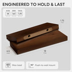 Homeforia Walnut 18 inch Floating Shelf, High End Solid Real Wood 18inch Floating Shelves for Wall Mounted, Dark Brown 18 inches Long Floating Shelves, Heavy Duty Bracket, 18 X 6.5 X 1.75 in, Set of 4