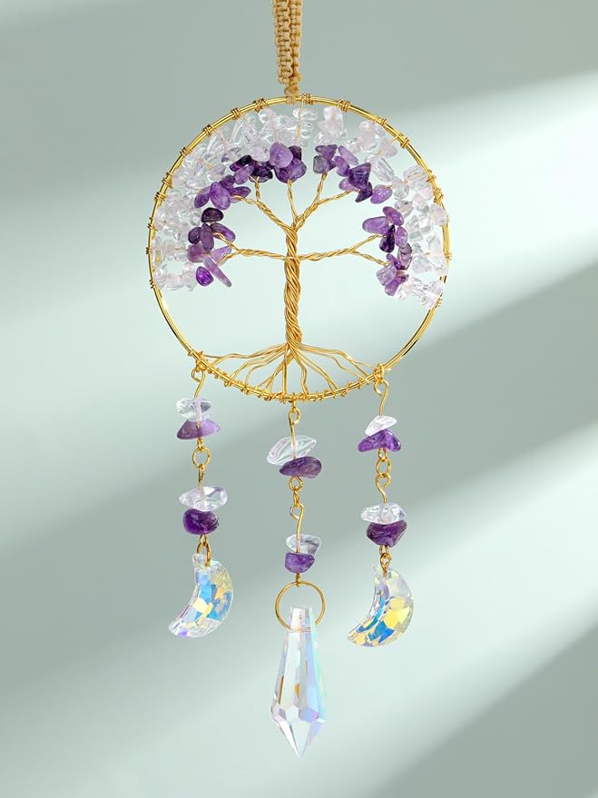 CrystalTears Crystal Tree Life Hanging Ornament Handmade Amethyst Clear Quartz Healing Crystal Gemstone Glass Suncatcher for Home Window Wall Decoration Crystal Gifts for Women Men Friends