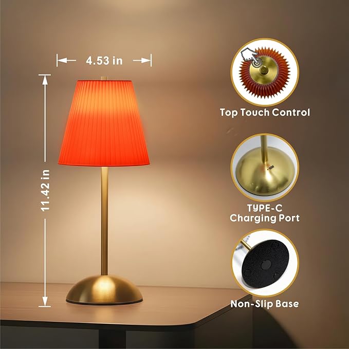 Set of 2 Cordless Table Lamps Rechargeable, 3CCT & Stepless Dimming, LED Wireless Outdoor Table Lamp with Touch Activation for Tabletop Bedside Patio, 4.5" W x 11.5" H (Tangerine Orange)
