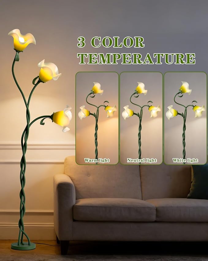 Flower Floor Lamp for Living Room,Tall Standing Reading Lamp with Flexible Neck,3 Color Temperatures LED Dimmable Decorative Light,Green Calla Floor Lamp for Bedroom Corner (Green)