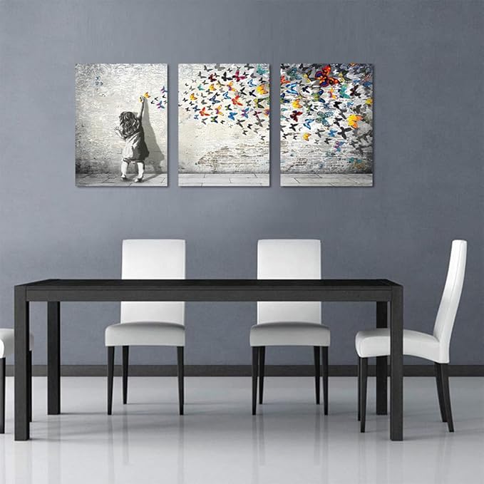 Novatique Banksy Canvas Wall Art for Bedroom Street Graffiti Wall Art Modern Butterfly Paintings Decor Ready to Hang Graffiti Posters Artwork Print for Bathroom Office, 12" x 16" x 3Pcs