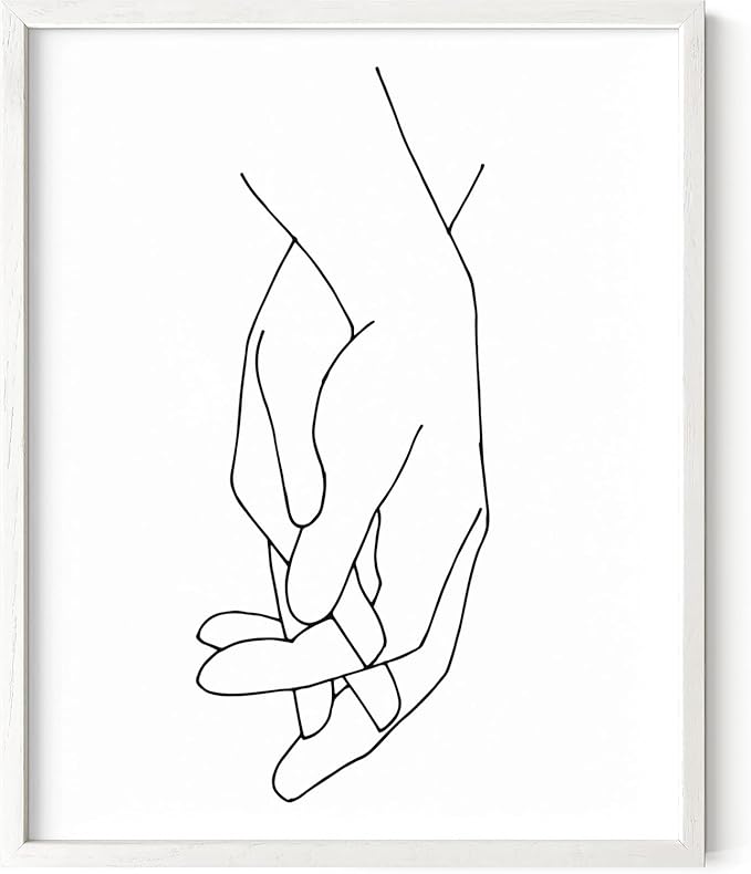 Holding Hands Wall Art Interlocking Fingers Connection Continuous Line Drawing 16x20 Inch Oak Wood White Framed Modern Minimalist Unity Print for Bedroom