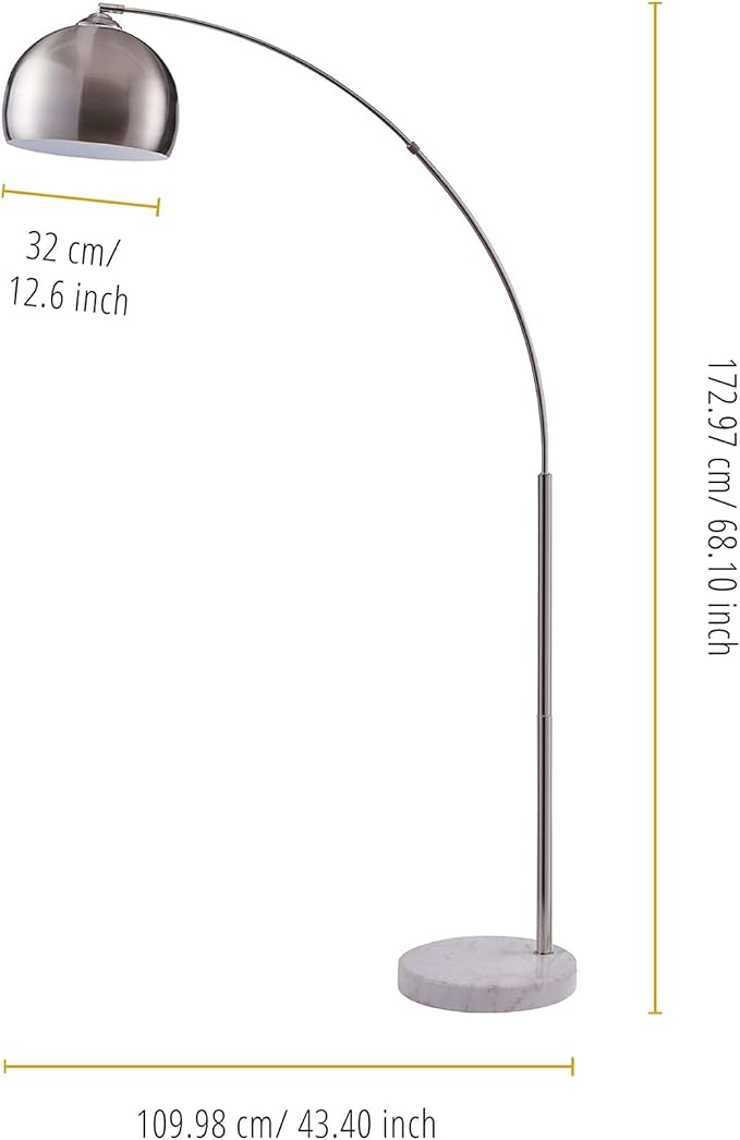 Teamson Home Arquer 68.1" Arc Floor Lamp for Living Rooms, Home Offices, Dining Rooms, Bedrooms with Faux White Marble Base and Nickel Bell Shade