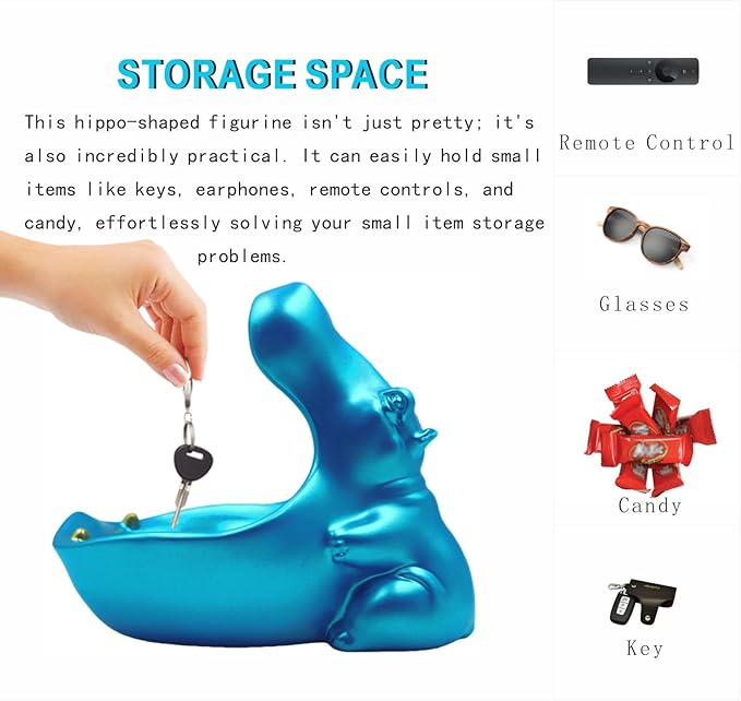 Hippo Statue, Hippo Resin Furniture Ornament Sculpture, Suitable for Home Decor, Desktop Hippo Candy Bowl, Entryway Table Storage Vessel, Storage Box (Blue)
