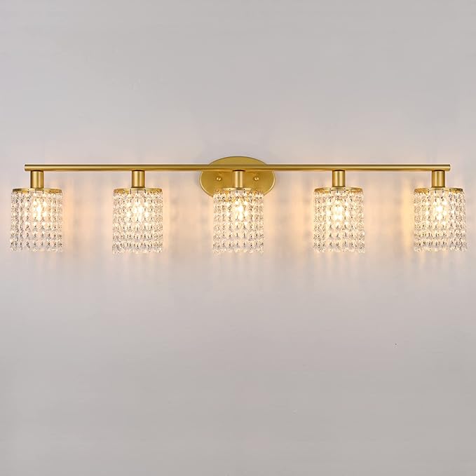 5-Light Vanity Light, Crystal Gold Vanity Lights Over Mirror, Gold Bathroom Light Fixtures