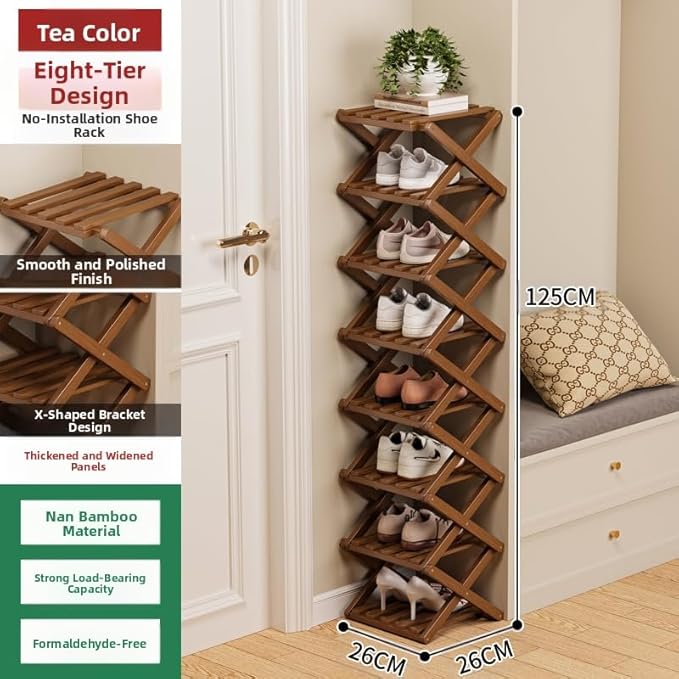 Bamboo Shoe Rack Organizer, 2-10 Tiers, Natural or Tea Color, No-Tool Assembly, Foldable Storage Shelf (Installation-Free 8-Layer 30-Tan)