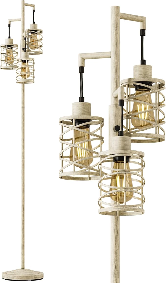 Oneach 70" Industrial Floor Lamp, Stepless Dimmable Standing Lamp with 3 Bulbs, Farmhouse Corner Standing Tree Lamp for Living Room, Tall Lamps for Bedroom, Office, Dining Room, Antique Beige White