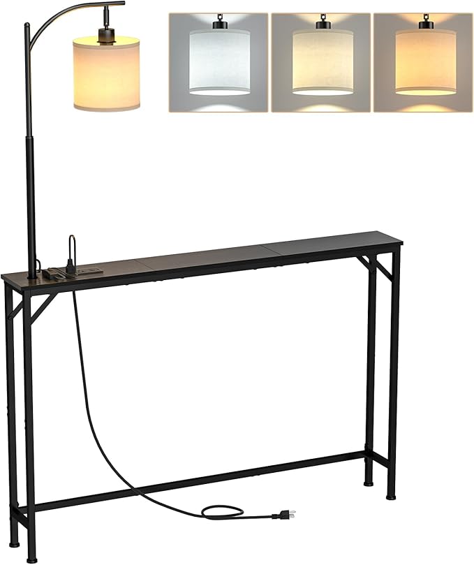 keomaisyto Skinny Console Table with Outlet & 3-Color Light, Sofa Tables Narrow Long - 3 Color Temperature Bulb Adjustable, Behind The Couch Table for Living Room, Bedroom, Balck