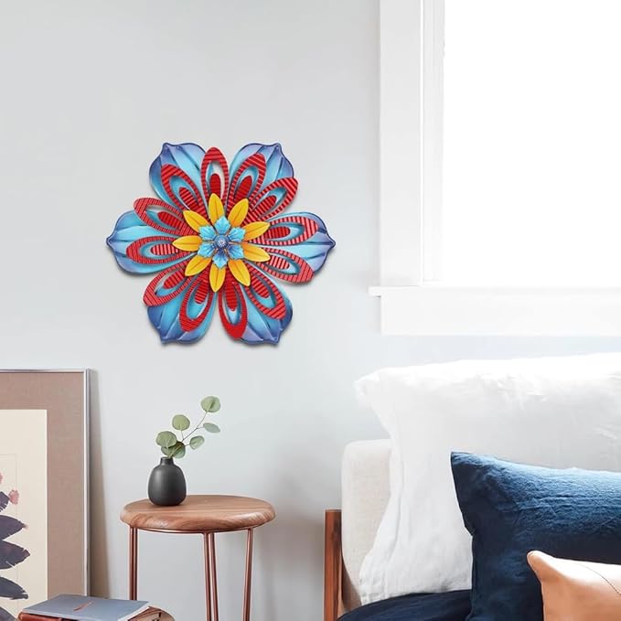 YEAHOME Metal Flower Wall Decor, 11 inch Wall Art Decorations Rustic Home Decor Aesthetic for Bathroom, Bedroom, Living Room, Office, Boho Art, Indoor Outdoor Decorations Patio Garden Decor(Blue)