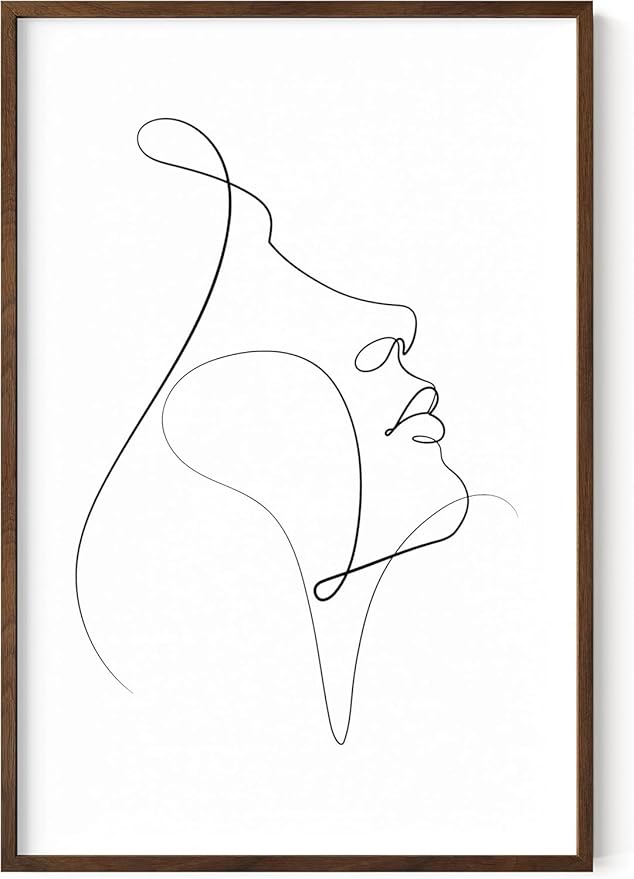 Minimalist Woman Profile Wall Art Upward Gaze Continuous Line Drawing Feminine Face 24x36 Inch Oak Wood Walnut Framed Modern Aesthetic Print for Living Room