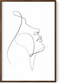 Minimalist Woman Profile Wall Art Upward Gaze Continuous Line Drawing Feminine Face 24x36 Inch Oak Wood Walnut Framed Modern Aesthetic Print for Living Room