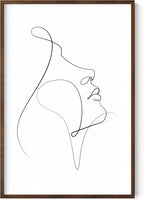 Minimalist Woman Profile Wall Art Upward Gaze Continuous Line Drawing Feminine Face 24x36 Inch Oak Wood Walnut Framed Modern Aesthetic Print for Living Room