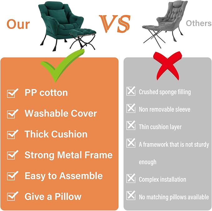 Lazy Chair with Ottoman, Large Lounge Accent Chair with Ottoman and a Throw Pillow, Dark Green Reading Chair for Living Room Bedroom Dorm Room Office Apartment Relaxing Use