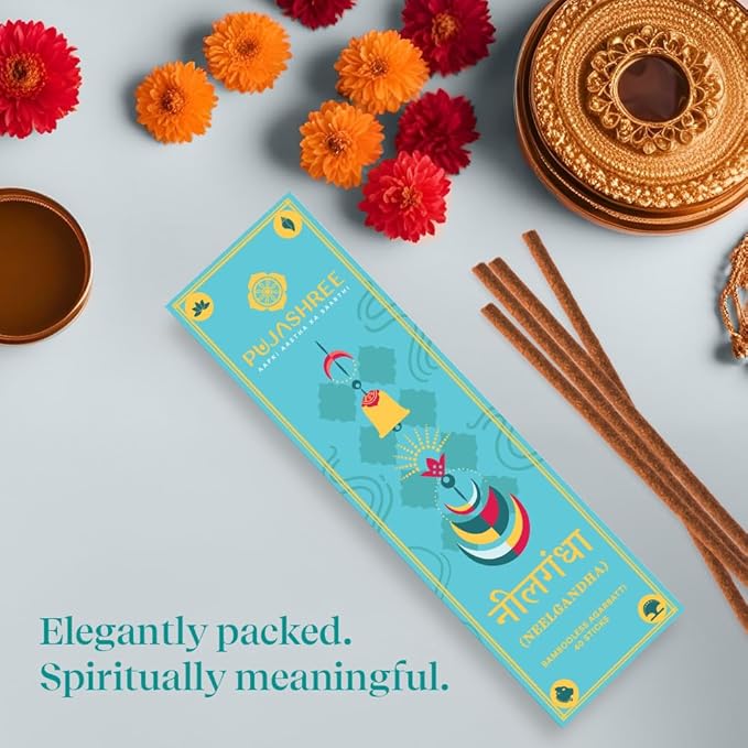 Pujashree Bambooless Agarbatti Neelgandha 40 pcs 8 Inches | 100% Natural Charcoal Free Agarbatti Sticks | Long Lasting Burn | Woody Aroma | Neelgandha Fragrance