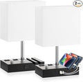 Fully Dimmable Bedside Lamps for Bedroom with USB C Ports, Kakanuo White USB Table Lamp Set of 2, Wooden Desk Lamp with 2 Charging Outlets and Phone Stand for Nightstand and Living Room, Bulb Included